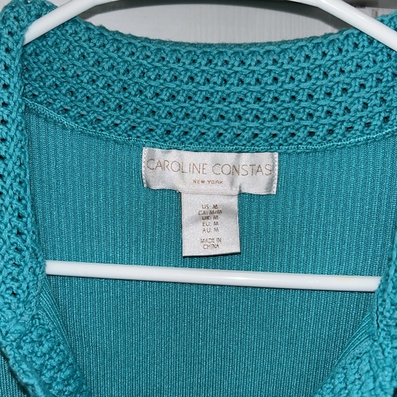 Caroline Constas Knit Dress Turquoise Ribbed Crochet Collar Bodycon Midi Medium - Picture 4 of 5